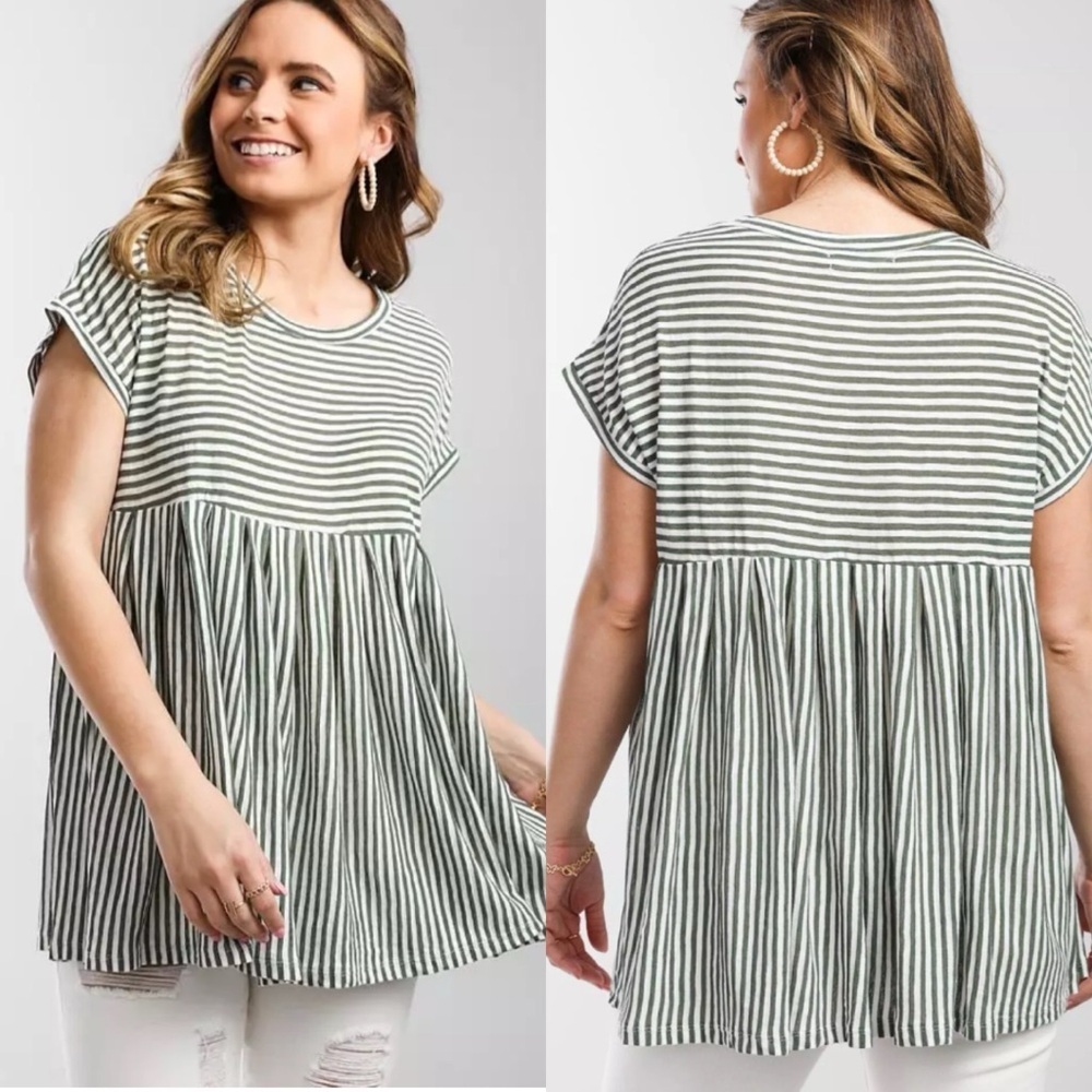 MUSTARD SEED Lagenlook Striped Olive Green Flowy Babydoll Blouse Top